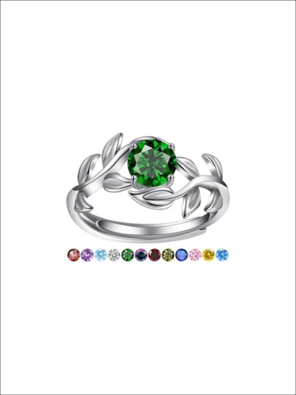 White Gold Plated Adjustable Leaf Ring Created Emerald Size 5-9 Stackable